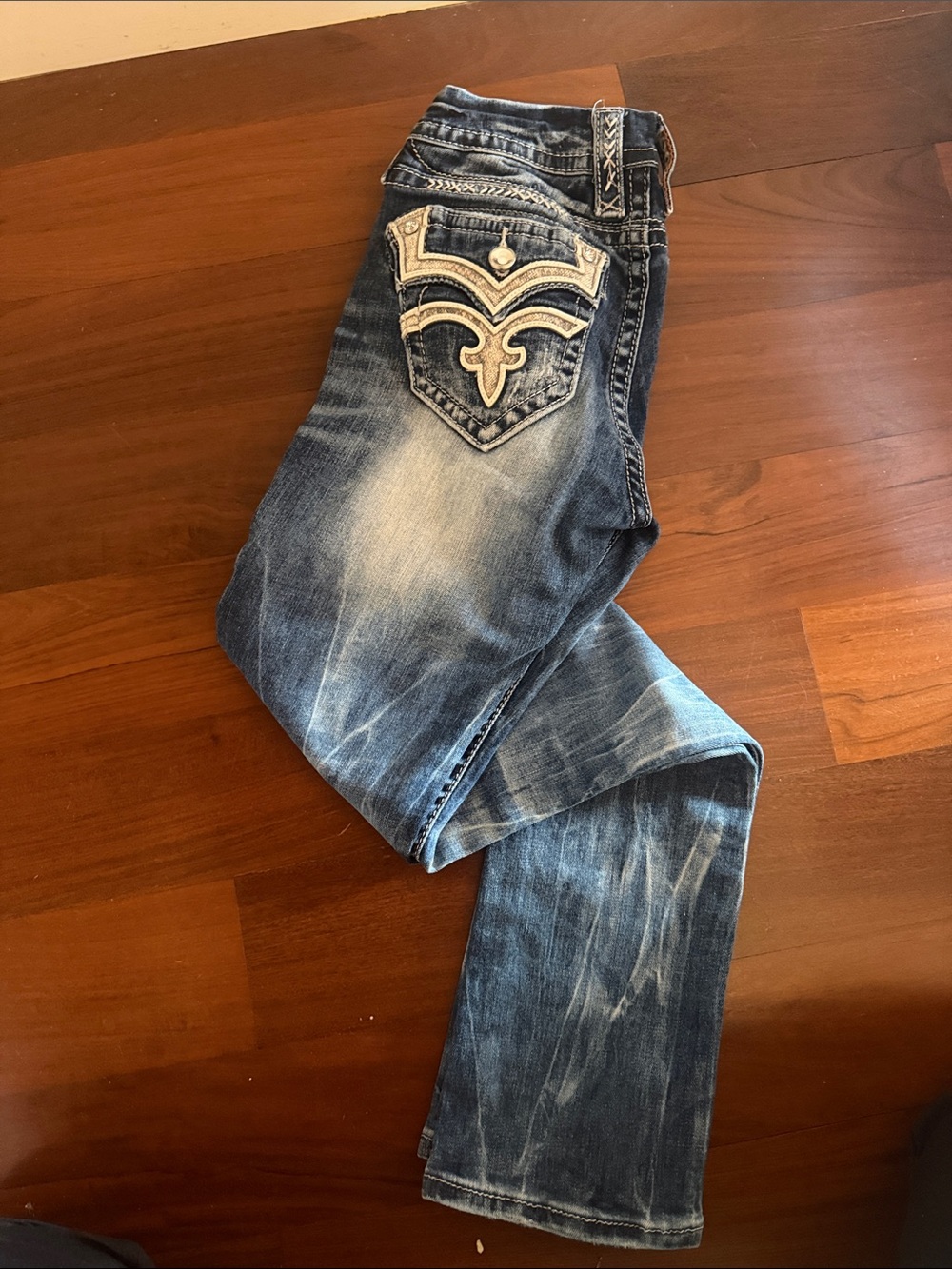 Rock Revival Women's Straight Leg Jeans in Distressed Blue with Cream Embroidery
